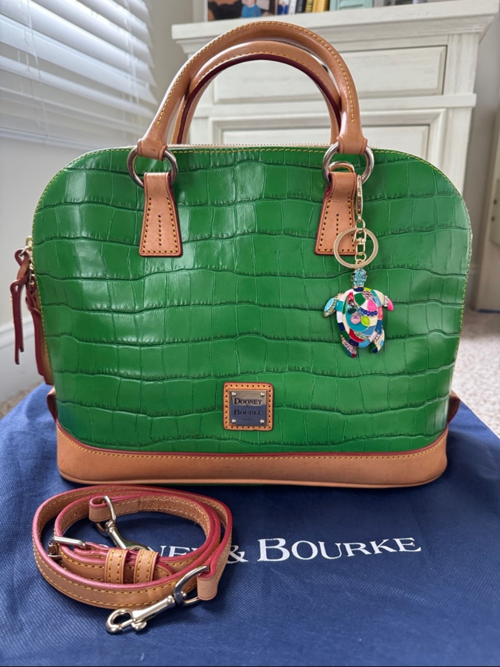 Dooney & Bourke croc embossed green domed satchel/crossbody w/charm & dust bag